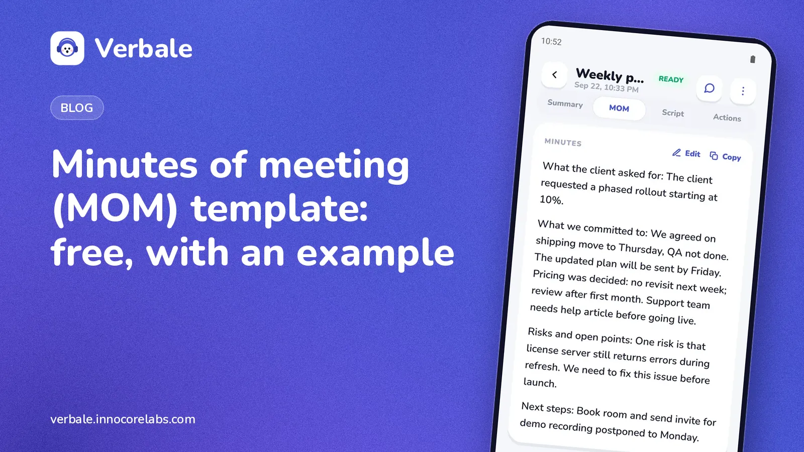 Minutes of meeting (MOM) template and example: Verbale meeting minutes screen on a phone