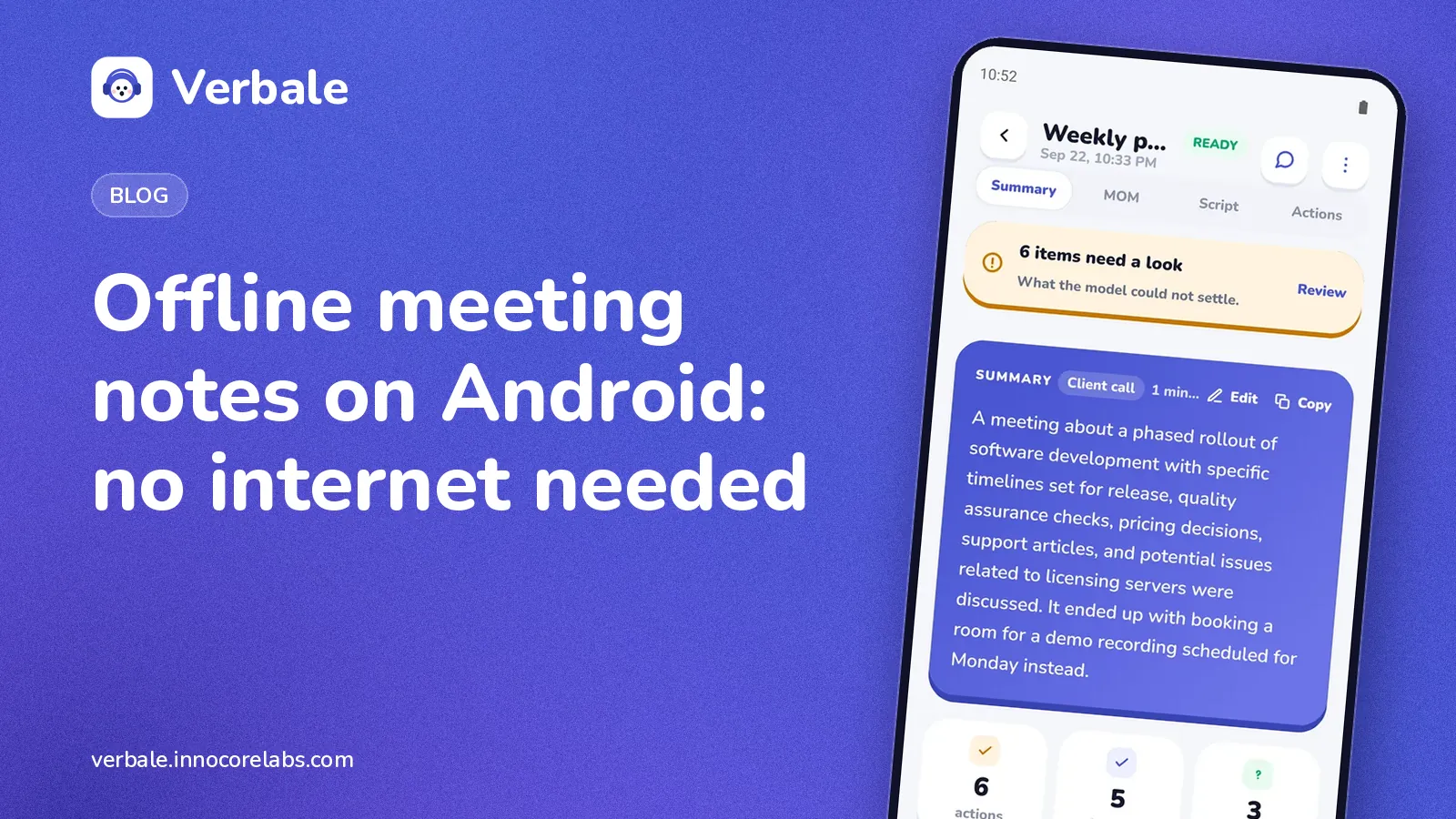 Offline meeting notes on Android: the Verbale meeting notes app showing a meeting summary on a phone
