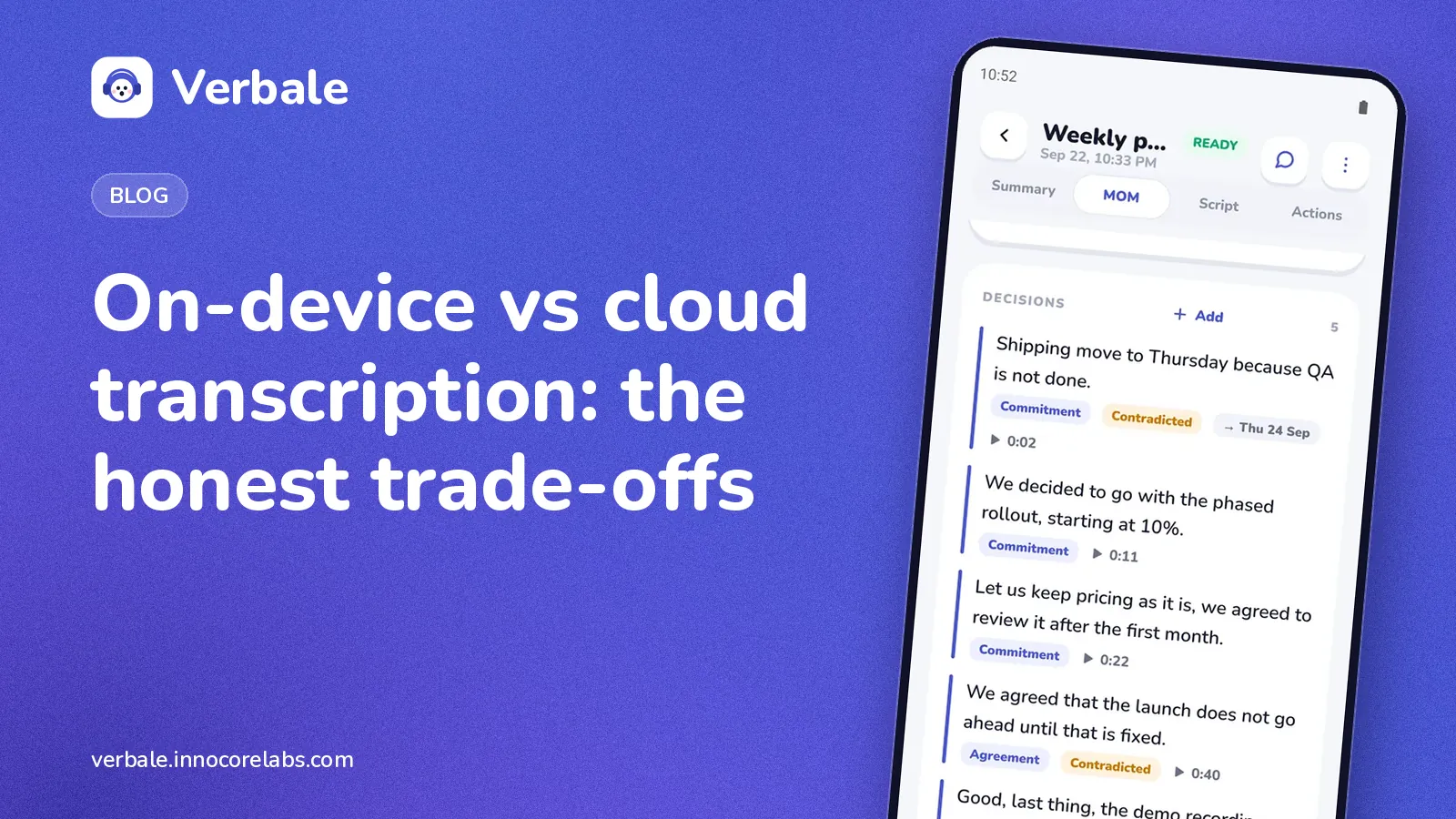 On-device vs cloud meeting transcription: Verbale showing a meeting's decisions list on a phone