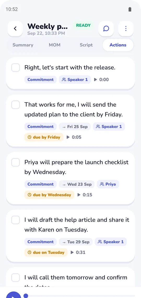 Meeting action items listing owners, and due dates where one was said, from the Verbale meeting notes app
