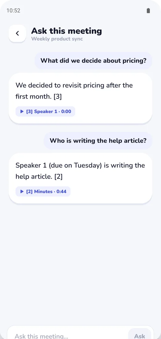 Ask a meeting a question: answers cite the part of the meeting transcript they came from