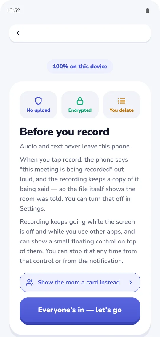 Private meeting recording: Verbale's Before you record screen with No upload, Encrypted and You delete badges