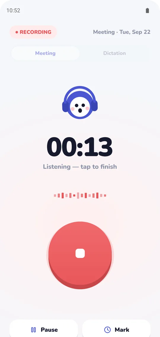 Verbale meeting recorder app recording a meeting on an Android phone, with a timer and Pause and Mark buttons