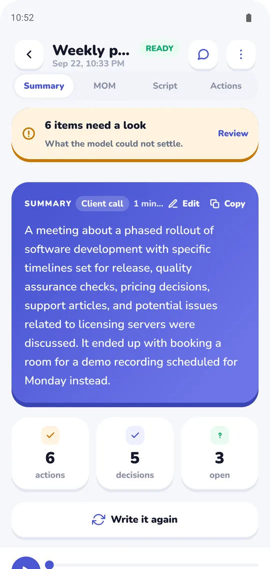 AI meeting summary written on the phone by the Verbale meeting notes app, with action and decision counts